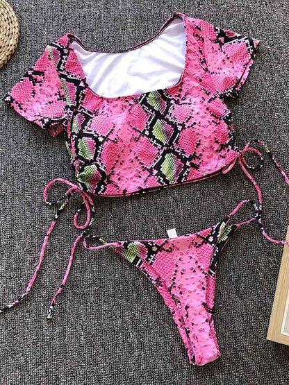 Lace Up Bandeau Short Sleeve Bikini Swimsuit