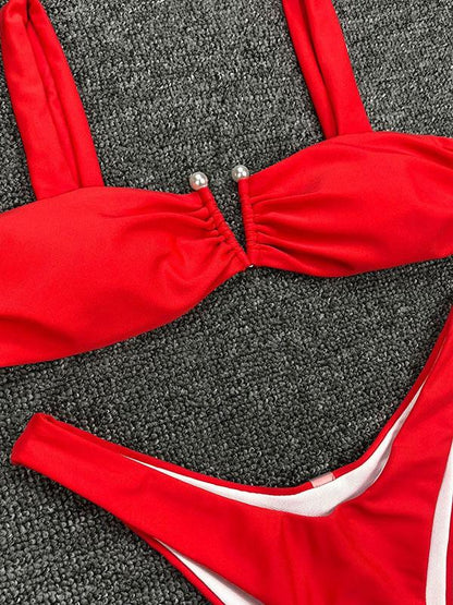 Solid Color Pearl Split Bikini Swimsuit