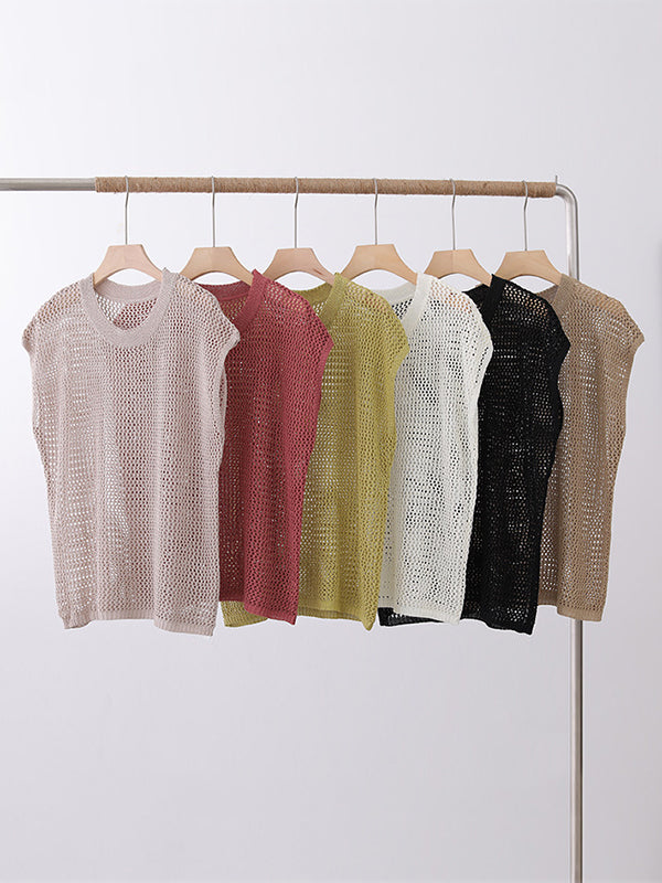 Simple Loose Solid Color Linen Hollow T-Shirt Top