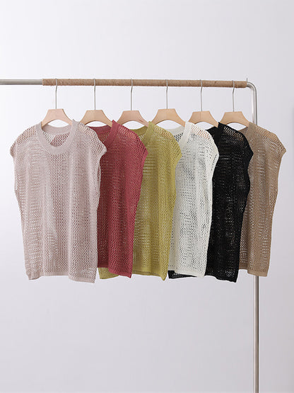 Simple Loose Solid Color Linen Hollow T-Shirt Top