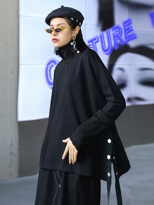 Stylish Selection Long Sleeves Buttoned Split-Side High-Neck Sweatshirt Tops