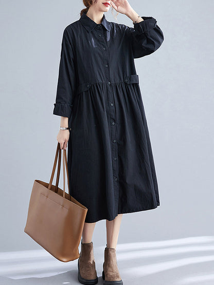 Casual Solid Color Pleated Buttoned Lapel Collar Long Sleeves Midi Shirt Dress
