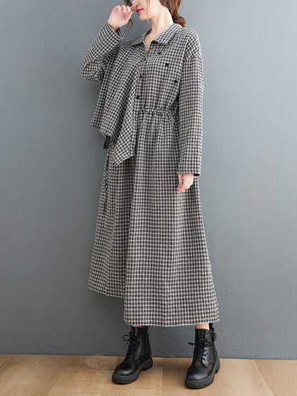 Artistic Retro Irregular Split-Joint Plaid Pleated Buttoned Elasticity Waist Lapel Collar Long Sleeves Midi Shirt Dress