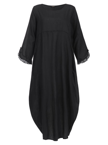 Casual Loose Solid Color Falbala Round-Neck Long Sleeves Maxi Dress