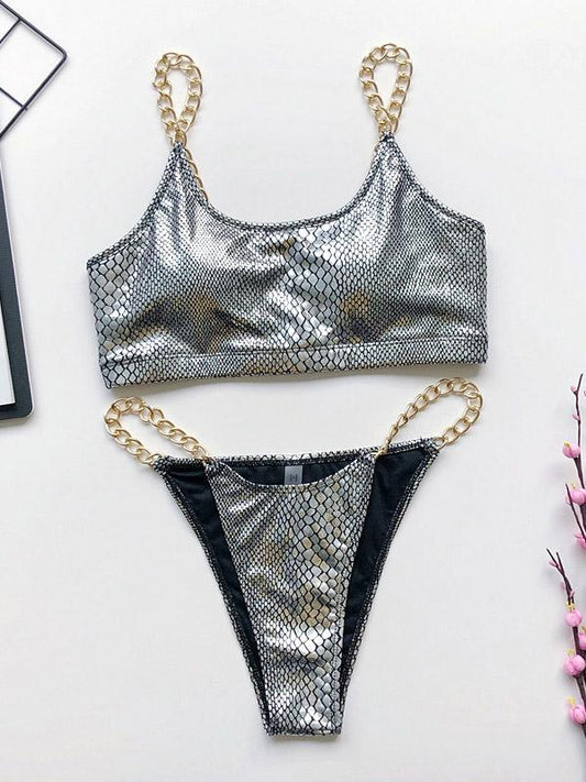 Strapless Chain Snake Pattern Bikini Swimsuit