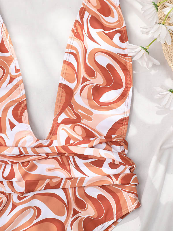 Floral Printed V-Neck Bandage One-Piece Swimwear