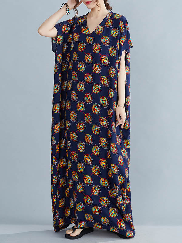 Vintage Printed V-Neck Batwing Short Sleeves Maxi Dress