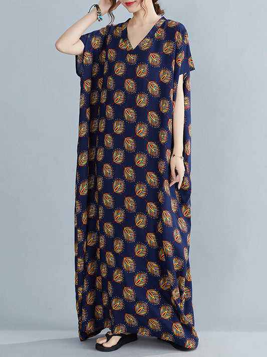 Vintage Printed V-Neck Batwing Short Sleeves Maxi Dress