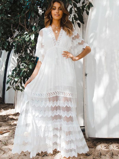 Hollow Split-joint V-neck Maxi Dress