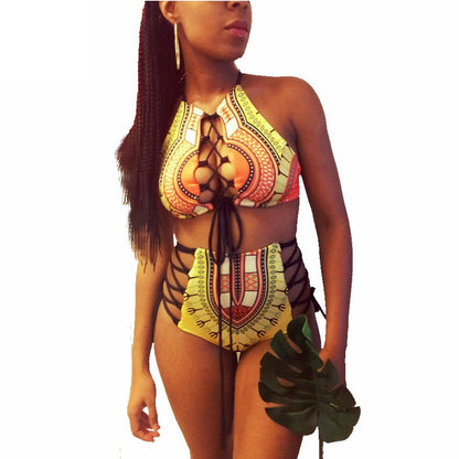 ladies big size fat woman multi-belt tied print BIKINI SWIMSUIT