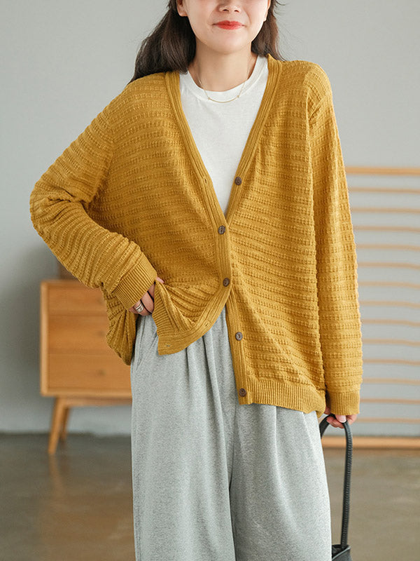 Casual Solid Color Buttoned V-Neck Long Sleeves Jacquard Knitted Cardigan