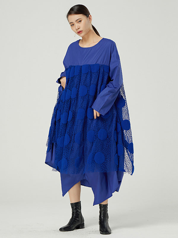 Original Split-Joint Round-Neck Long Sleeves Lace Midi Dress