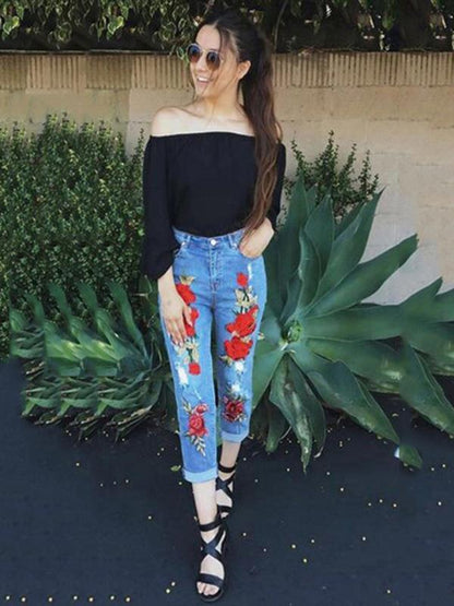 Pretty Embroidered Jean Pants Bottoms
