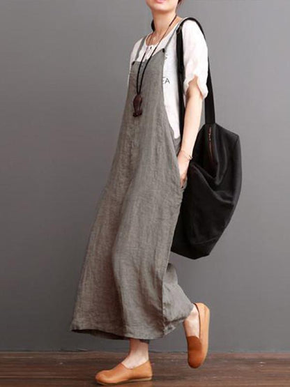 Gray Linen Wide Leg Loose Jumpsuits