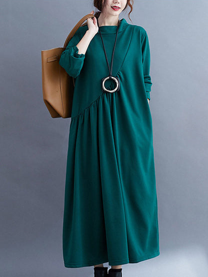 Simple Solid Color Asymmetric Split-Joint Long Sleeve Midi Dress