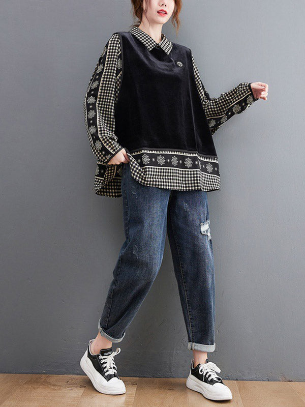 Casual Loose Plaid Floral Printed Lapel Collar Long Sleeves False Two Blouse