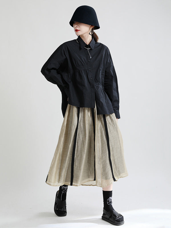 Original Irregular Solid Color Split-Joint Pleated Buttoned Lapel Collar Long Sleeves Blouse