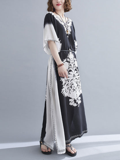 Bohemia Printed V-Neck Batwing Sleeves Contrast Color Maxi Dress