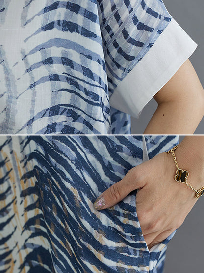 Original Printing Lapel Short Sleeve Split-Joint Shirt Dress