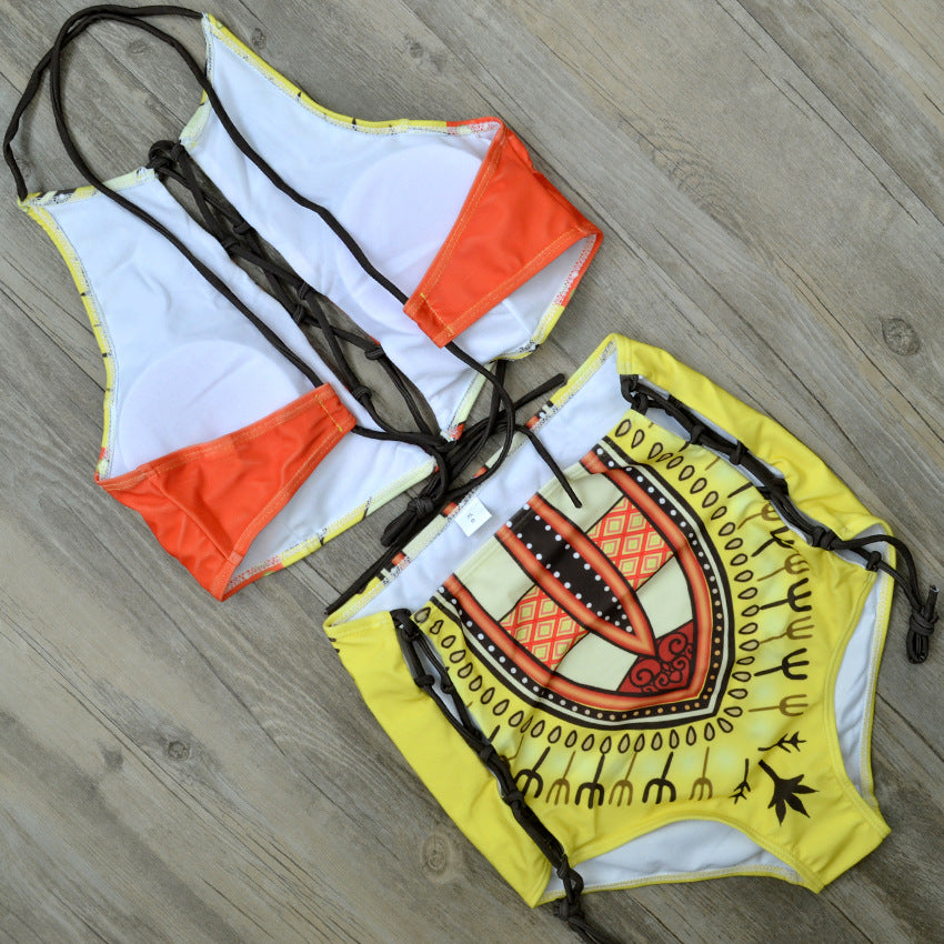 ladies big size fat woman multi-belt tied print BIKINI SWIMSUIT