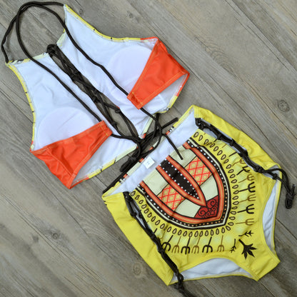 ladies big size fat woman multi-belt tied print BIKINI SWIMSUIT
