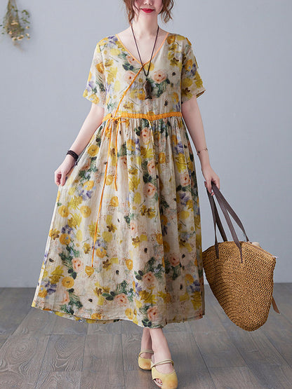 Original Artistic Retro Loose Tied Floral Printed Pleated V-Neck Short Sleeves Midi Dress
