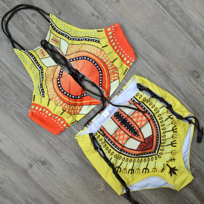 ladies big size fat woman multi-belt tied print BIKINI SWIMSUIT