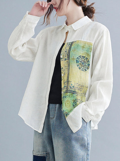 Artistic Retro National Printed Split-Joint Pleated Lapel Collar Long Sleeves Blouse
