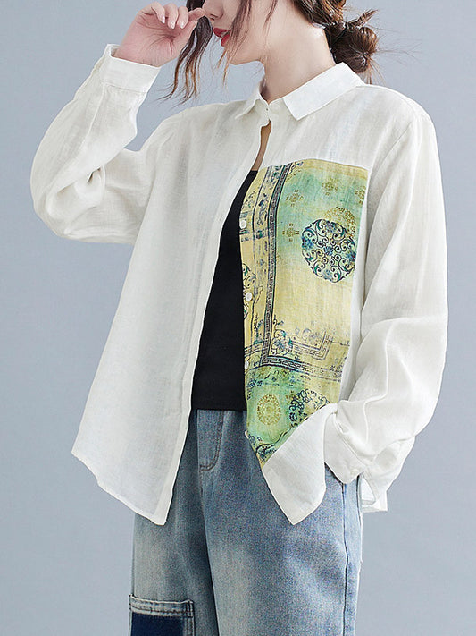 Artistic Retro National Printed Split-Joint Pleated Lapel Collar Long Sleeves Blouse