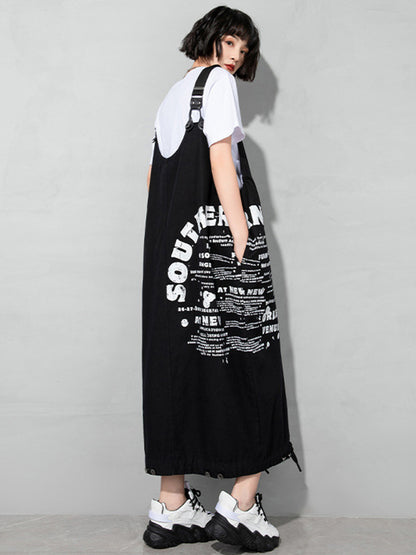 Casual Loose Letter Printed Drawstring Midi Dress