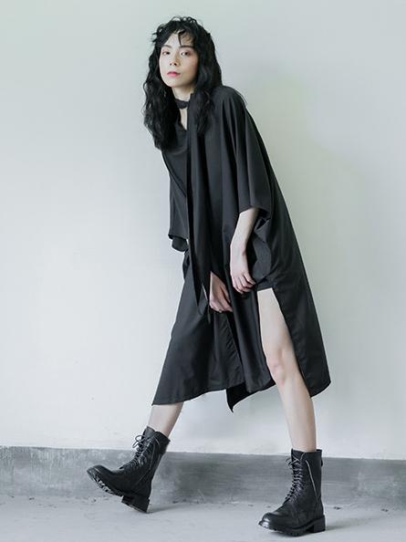 Simple Black Lace-up Batwing Sleeves Dress