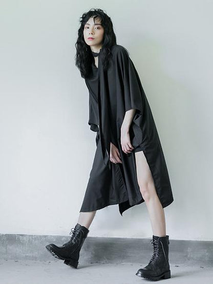 Simple Black Lace-up Batwing Sleeves Dress