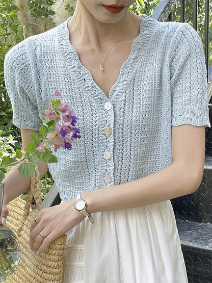 Original Solid Color V-Neck Knitting Cardigans Tops