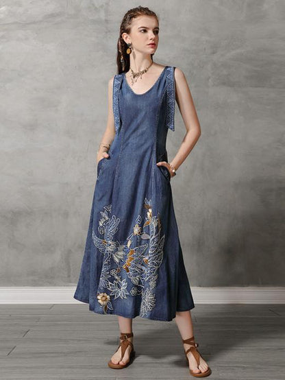 Original Retro Embroidered Hemline Denim Long Dress