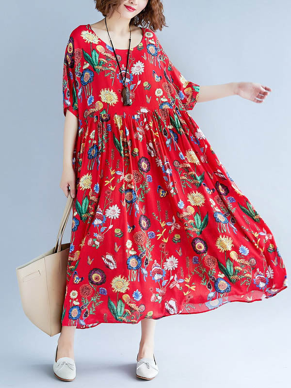 Vintage Loose Pleated Floral Printed Short Sleeves Midi Dress