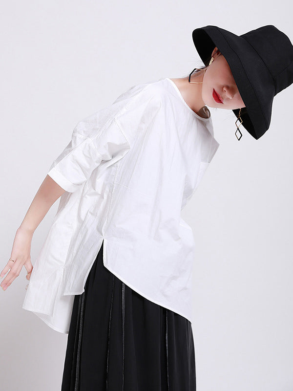 Casual Split-Back Split-Joint With Pocket Solid Color Round-Neck Half Sleeves T-Shirt