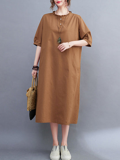 Simple Casual Artistic Retro Loose Solid Color Falbala Ramie Cotton Midi Dress