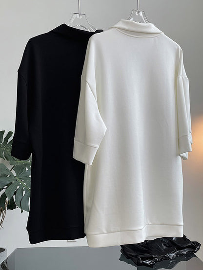 Girlish Loose Black&White V-Neck Half Sleeves T-Shirts