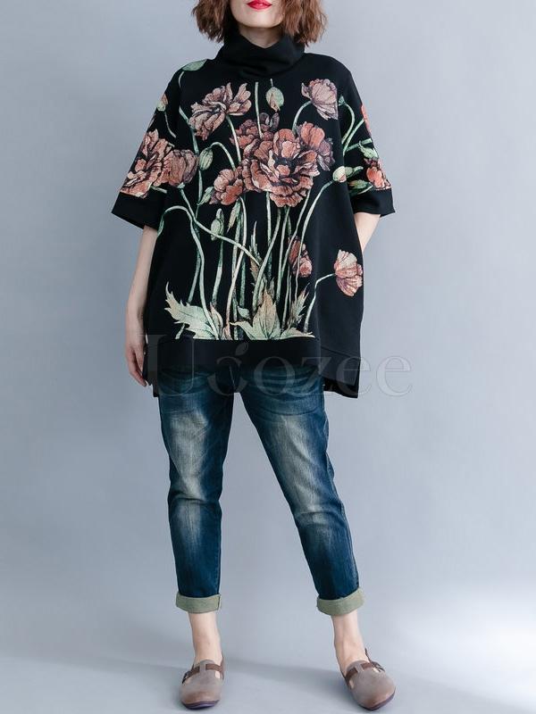 Casual Floral Printed High-neck Sweatshirt