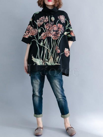 Casual Floral Printed High-neck Sweatshirt