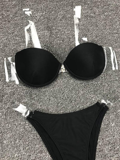Solid Color See-Through Bandage Split Bikini Swimsuit