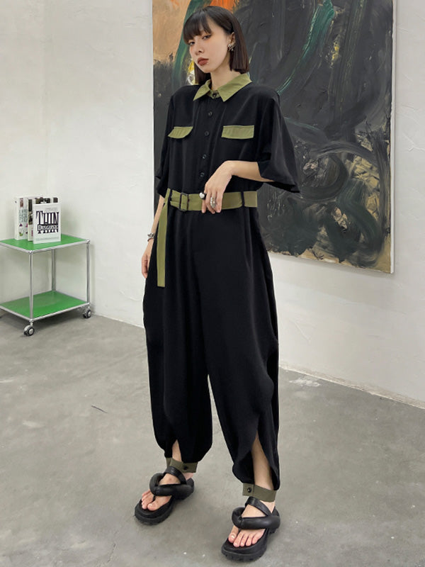 Stylish Belted Polo Collar Half Sleeve High-Waisted Jumpsuits