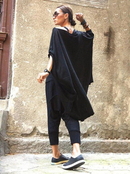 Loose Black Batwing Sleeves High-low T-shirt Tops