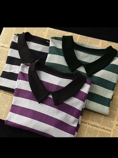 Casual Striped Contrast Color Long Sleeves Doll Collar Loose T-Shirt Tops