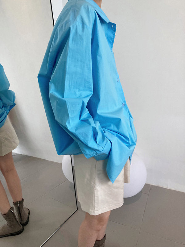 Simple Solid Color Split-Joint With Pocket Buttoned Lapel Collar Long Sleeves Blouse