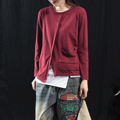 Buykud Solid Color Single Pocket Round Neck Casual Blouse