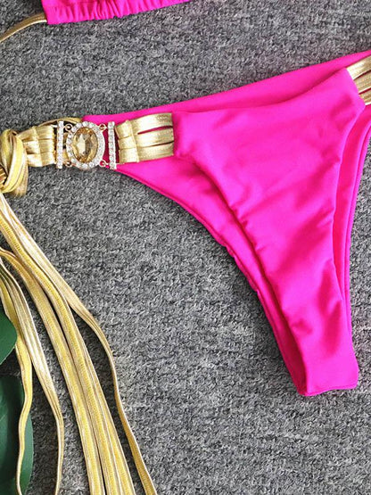 Gorgeous Embellished Triangles Bandage Split Bikini Swimsuit