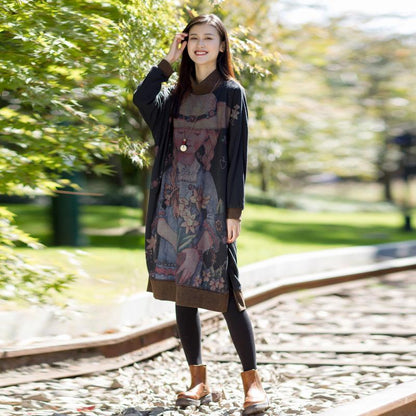 Cartoon Print Long Sleeve Midi Loose Dress