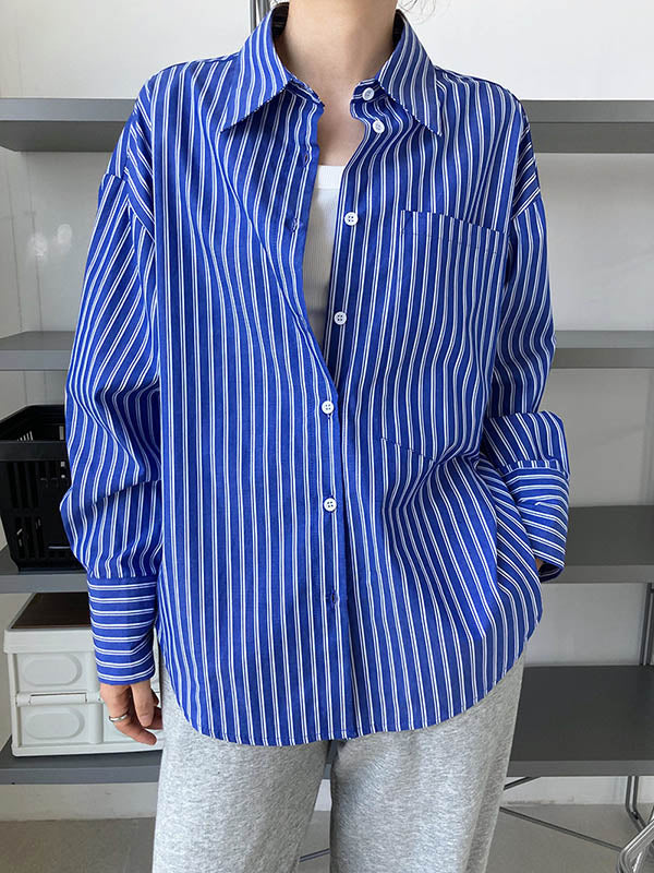 Chic Simple Striped Buttoned Split-Joint With Pocket Lapel Collar Long Sleeves Blouse