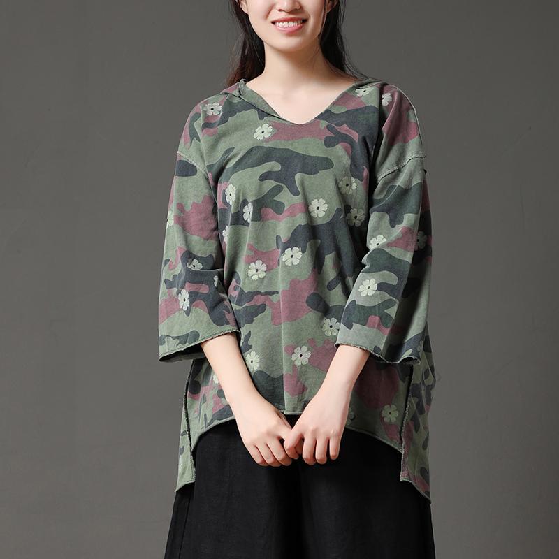 Camouflage Casual Irregular Hem Women Hooded Collar Shirt
